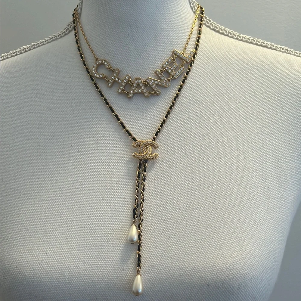 Chanel Double Necklace Rhinestone Chanel and Gold and Black Leather Necklace - Picture 6 of 8